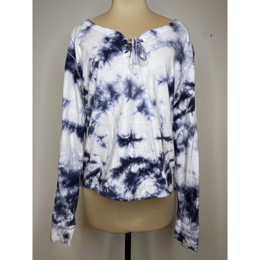 Hollister Womens Top Lace Up Tie Dye Long Sleeve Small Navy White Boho Y2K